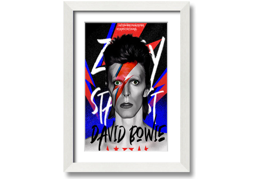 David Bowie Ziggy Stardust canvas art mounted on a 44mm box frame, featuring vibrant colors and iconic imagery.