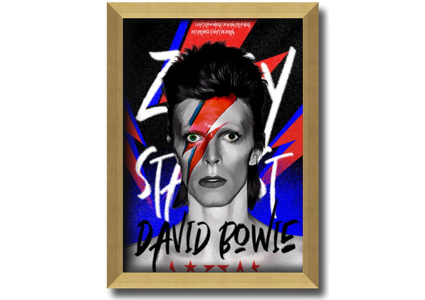 David Bowie Ziggy Stardust canvas art mounted on a 44mm box frame, featuring vibrant colors and iconic imagery.