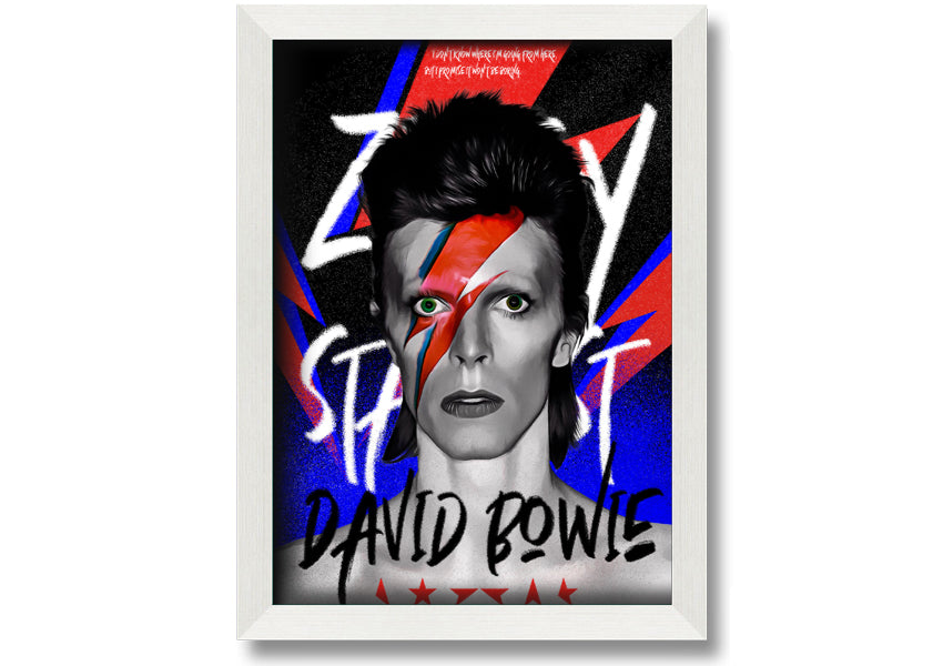 David Bowie Ziggy Stardust canvas art mounted on a 44mm box frame, featuring vibrant colors and iconic imagery.