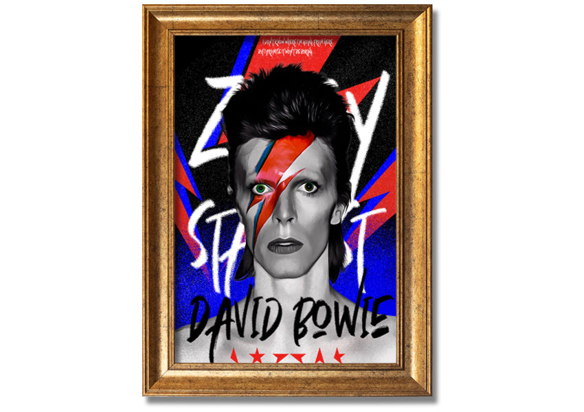 David Bowie Ziggy Stardust canvas art mounted on a 44mm box frame, featuring vibrant colors and iconic imagery.