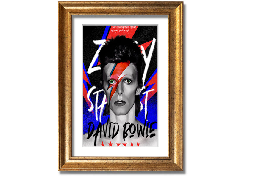 David Bowie Ziggy Stardust canvas art mounted on a 44mm box frame, featuring vibrant colors and iconic imagery.