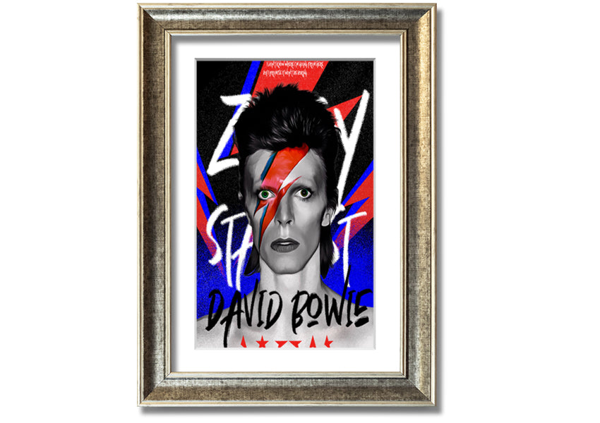 David Bowie Ziggy Stardust canvas art mounted on a 44mm box frame, featuring vibrant colors and iconic imagery.