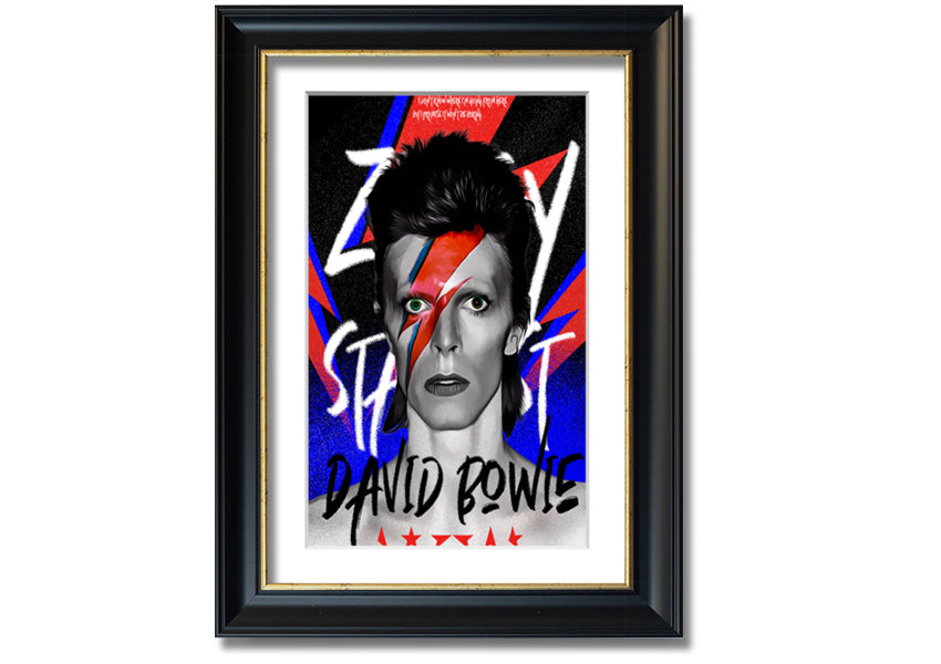 David Bowie Ziggy Stardust canvas art mounted on a 44mm box frame, featuring vibrant colors and iconic imagery.