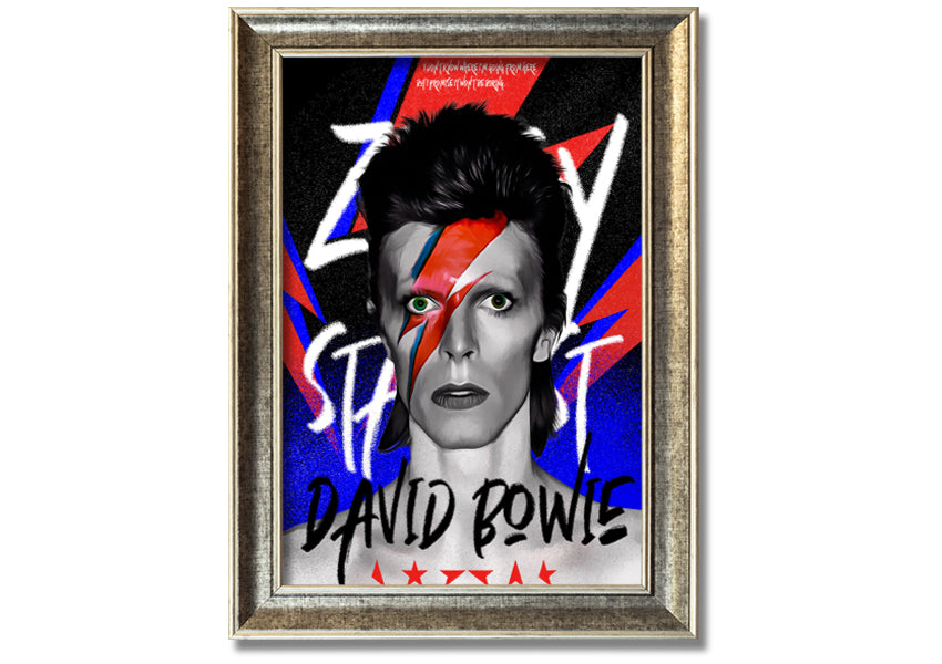 David Bowie Ziggy Stardust canvas art mounted on a 44mm box frame, featuring vibrant colors and iconic imagery.