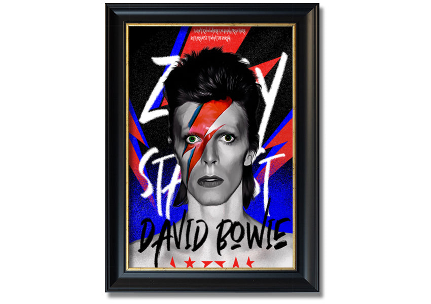 David Bowie Ziggy Stardust canvas art mounted on a 44mm box frame, featuring vibrant colors and iconic imagery.