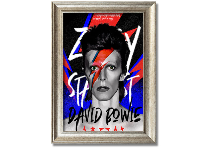 David Bowie Ziggy Stardust canvas art mounted on a 44mm box frame, featuring vibrant colors and iconic imagery.