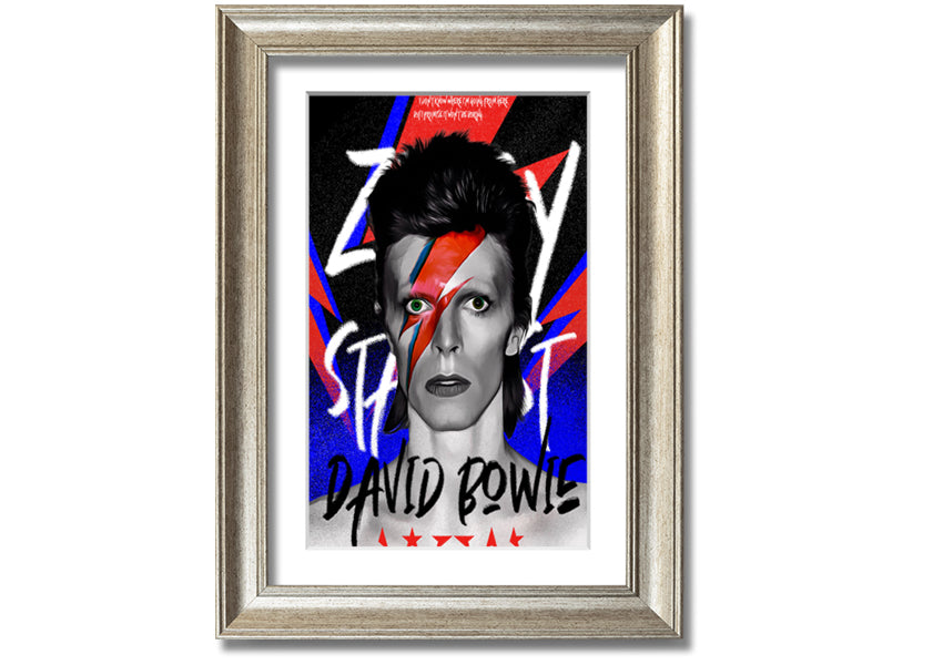 David Bowie Ziggy Stardust canvas art mounted on a 44mm box frame, featuring vibrant colors and iconic imagery.