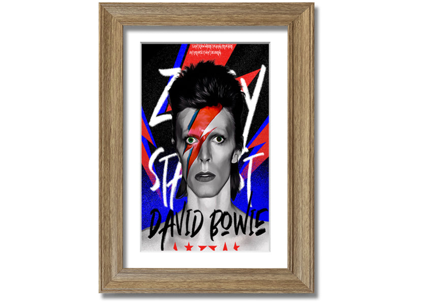 David Bowie Ziggy Stardust canvas art mounted on a 44mm box frame, featuring vibrant colors and iconic imagery.