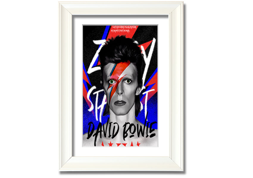 David Bowie Ziggy Stardust canvas art mounted on a 44mm box frame, featuring vibrant colors and iconic imagery.