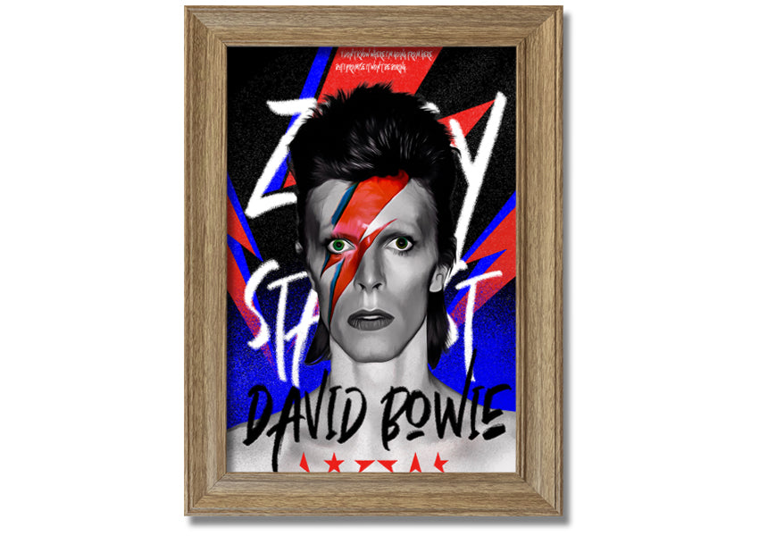 David Bowie Ziggy Stardust canvas art mounted on a 44mm box frame, featuring vibrant colors and iconic imagery.