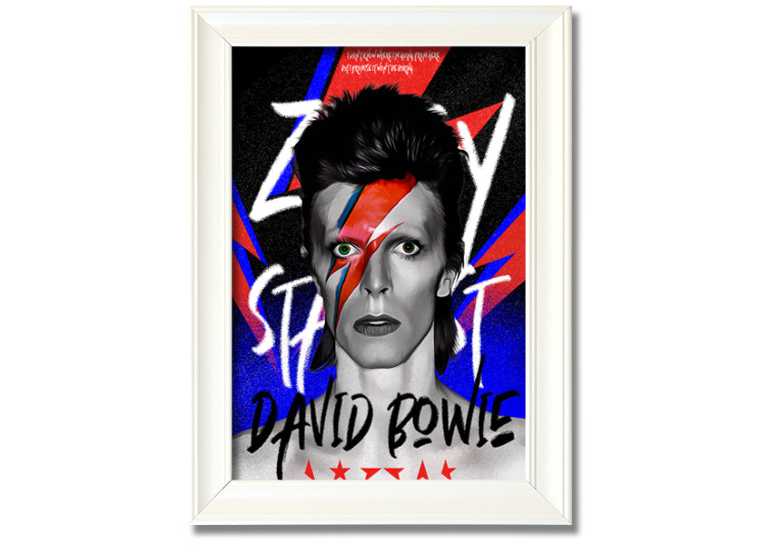 David Bowie Ziggy Stardust canvas art mounted on a 44mm box frame, featuring vibrant colors and iconic imagery.