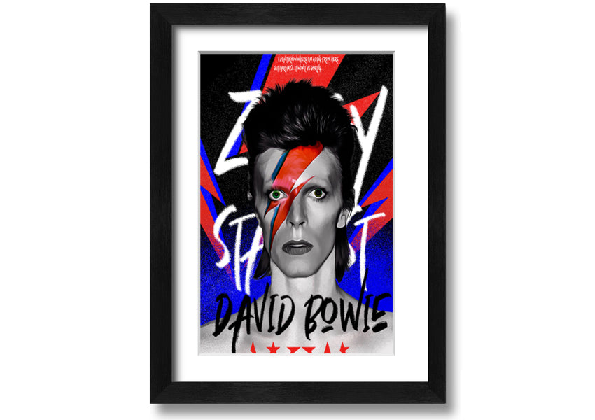 David Bowie Ziggy Stardust canvas art mounted on a 44mm box frame, featuring vibrant colors and iconic imagery.