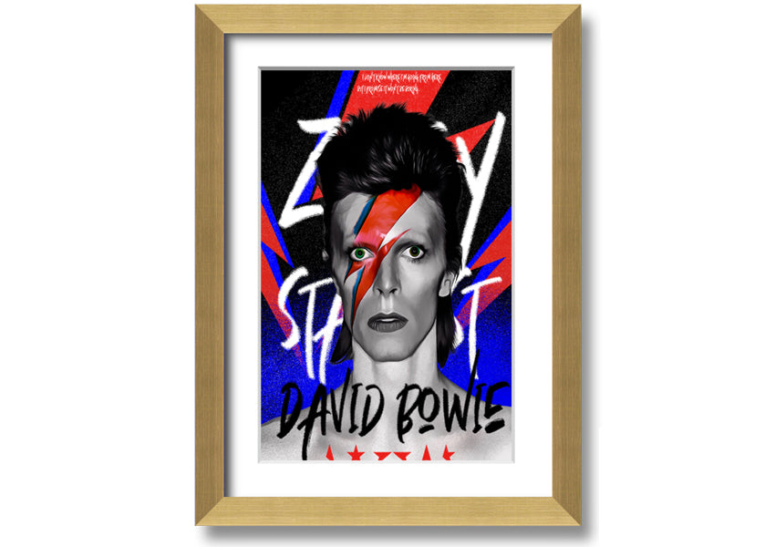 David Bowie Ziggy Stardust canvas art mounted on a 44mm box frame, featuring vibrant colors and iconic imagery.