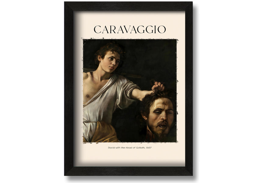 A canvas print of Caravaggio's David With The Head Of Goliath, showcasing vibrant colors and intricate details, mounted on a box frame.