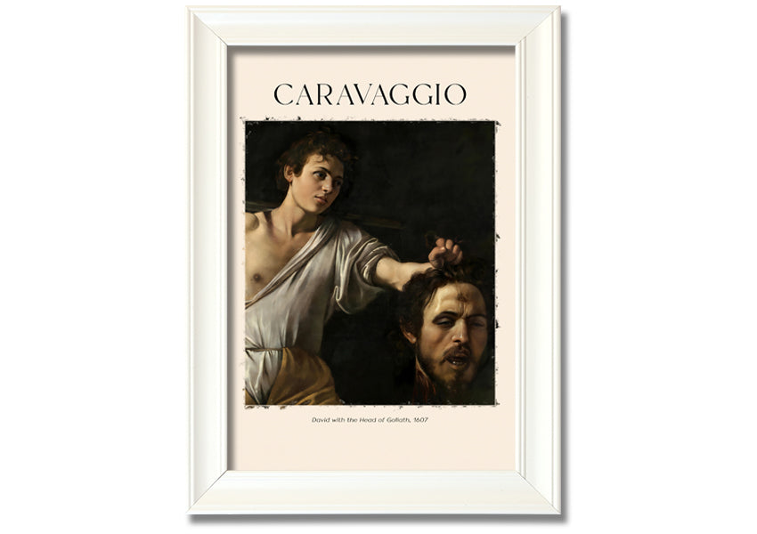 A canvas print of Caravaggio's David With The Head Of Goliath, showcasing vibrant colors and intricate details, mounted on a box frame.