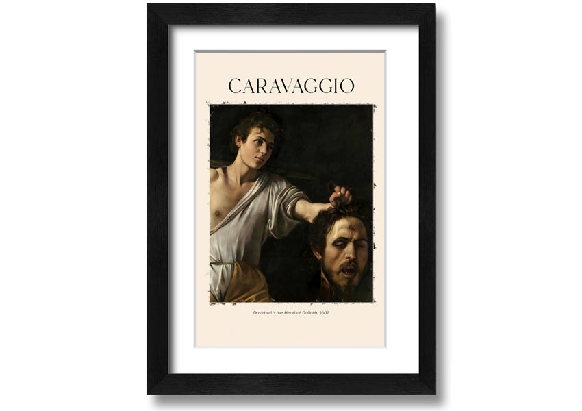 A canvas print of Caravaggio's David With The Head Of Goliath, showcasing vibrant colors and intricate details, mounted on a box frame.