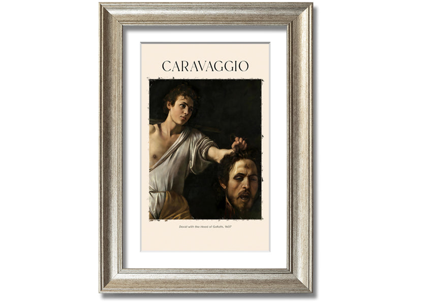 A canvas print of Caravaggio's David With The Head Of Goliath, showcasing vibrant colors and intricate details, mounted on a box frame.