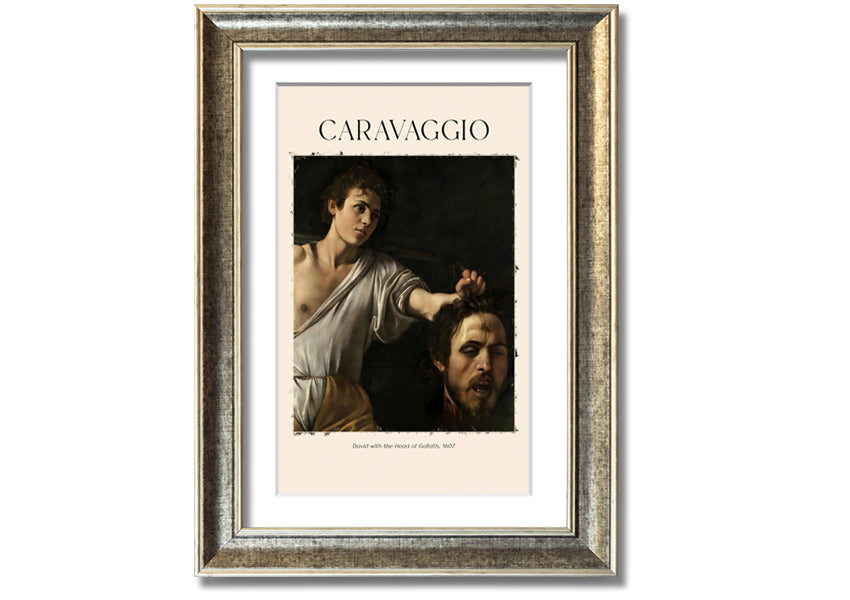 A canvas print of Caravaggio's David With The Head Of Goliath, showcasing vibrant colors and intricate details, mounted on a box frame.