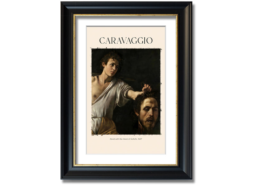 A canvas print of Caravaggio's David With The Head Of Goliath, showcasing vibrant colors and intricate details, mounted on a box frame.