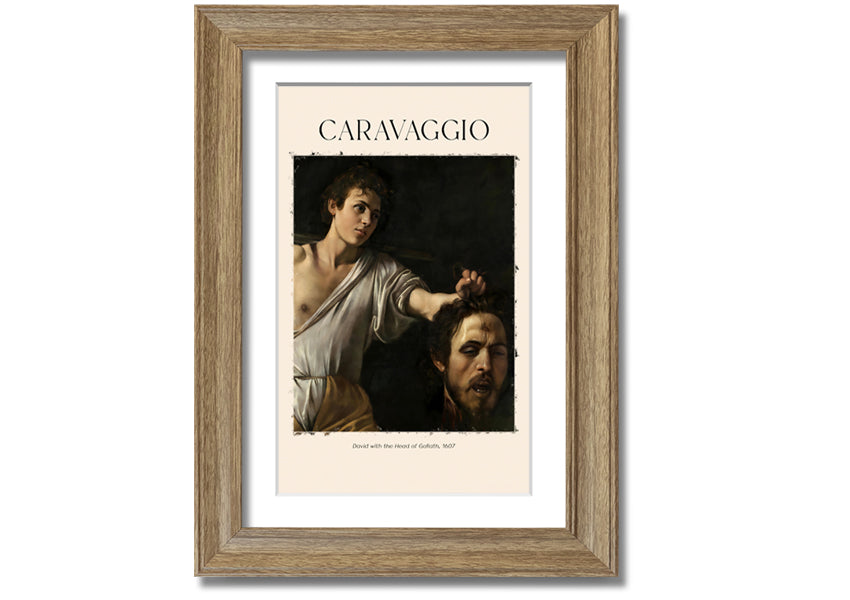 A canvas print of Caravaggio's David With The Head Of Goliath, showcasing vibrant colors and intricate details, mounted on a box frame.