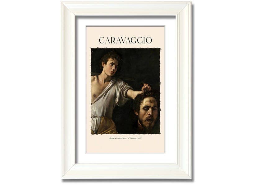 A canvas print of Caravaggio's David With The Head Of Goliath, showcasing vibrant colors and intricate details, mounted on a box frame.