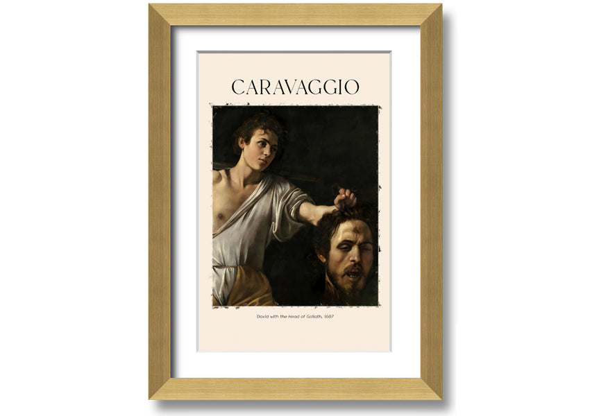 A canvas print of Caravaggio's David With The Head Of Goliath, showcasing vibrant colors and intricate details, mounted on a box frame.