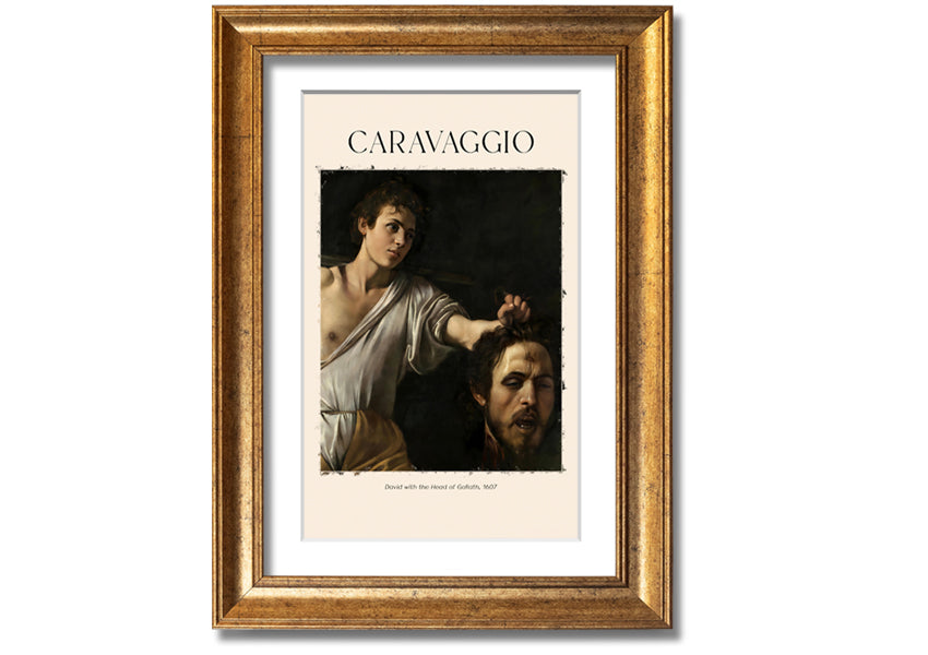 A canvas print of Caravaggio's David With The Head Of Goliath, showcasing vibrant colors and intricate details, mounted on a box frame.