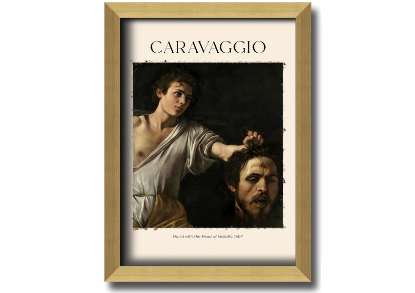 A canvas print of Caravaggio's David With The Head Of Goliath, showcasing vibrant colors and intricate details, mounted on a box frame.