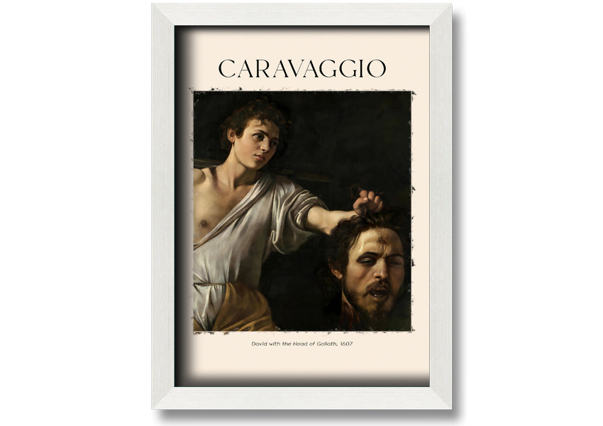 A canvas print of Caravaggio's David With The Head Of Goliath, showcasing vibrant colors and intricate details, mounted on a box frame.