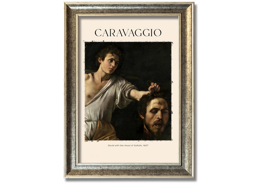 A canvas print of Caravaggio's David With The Head Of Goliath, showcasing vibrant colors and intricate details, mounted on a box frame.