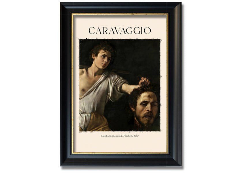 A canvas print of Caravaggio's David With The Head Of Goliath, showcasing vibrant colors and intricate details, mounted on a box frame.