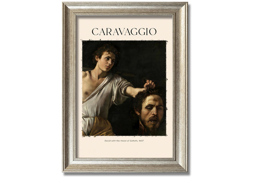 A canvas print of Caravaggio's David With The Head Of Goliath, showcasing vibrant colors and intricate details, mounted on a box frame.