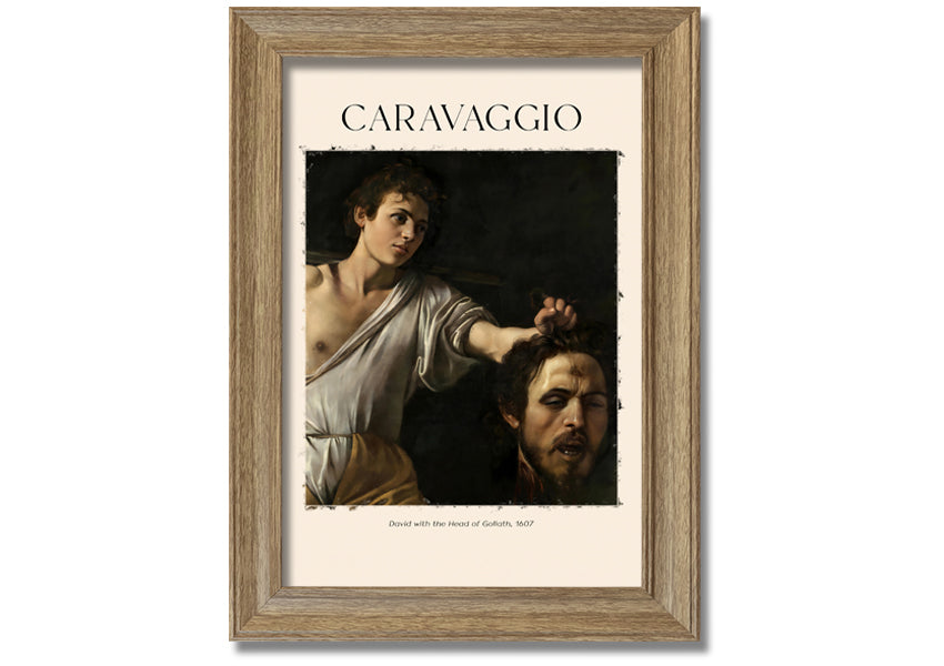 A canvas print of Caravaggio's David With The Head Of Goliath, showcasing vibrant colors and intricate details, mounted on a box frame.