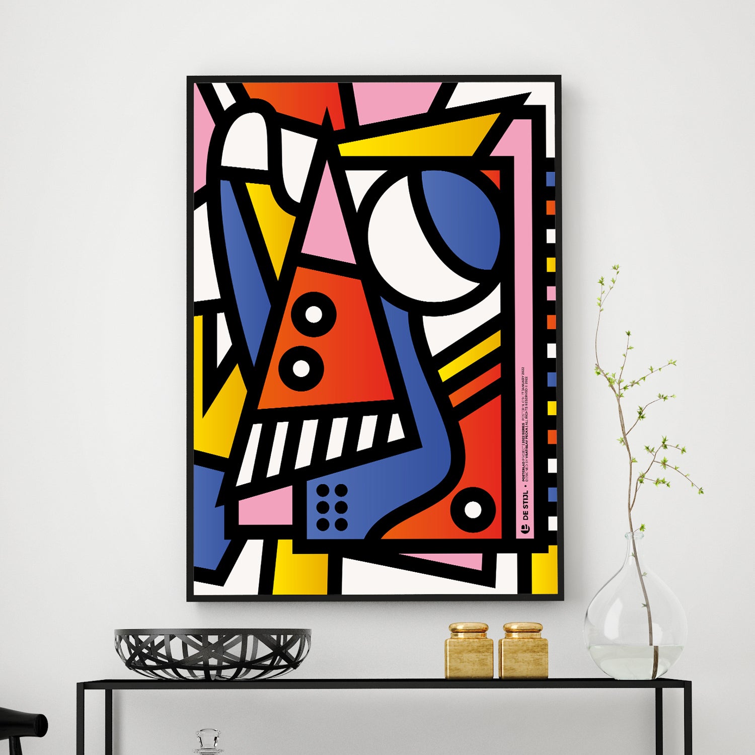 A vibrant De Stijl art print featuring geometric shapes in primary colors, black, and white, showcasing the essence of the Dutch art movement.