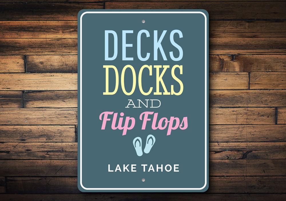 Decorative Decks Docks and Flip Flops Sign made of aluminum, showcasing a vibrant design perfect for lakehouse decor.