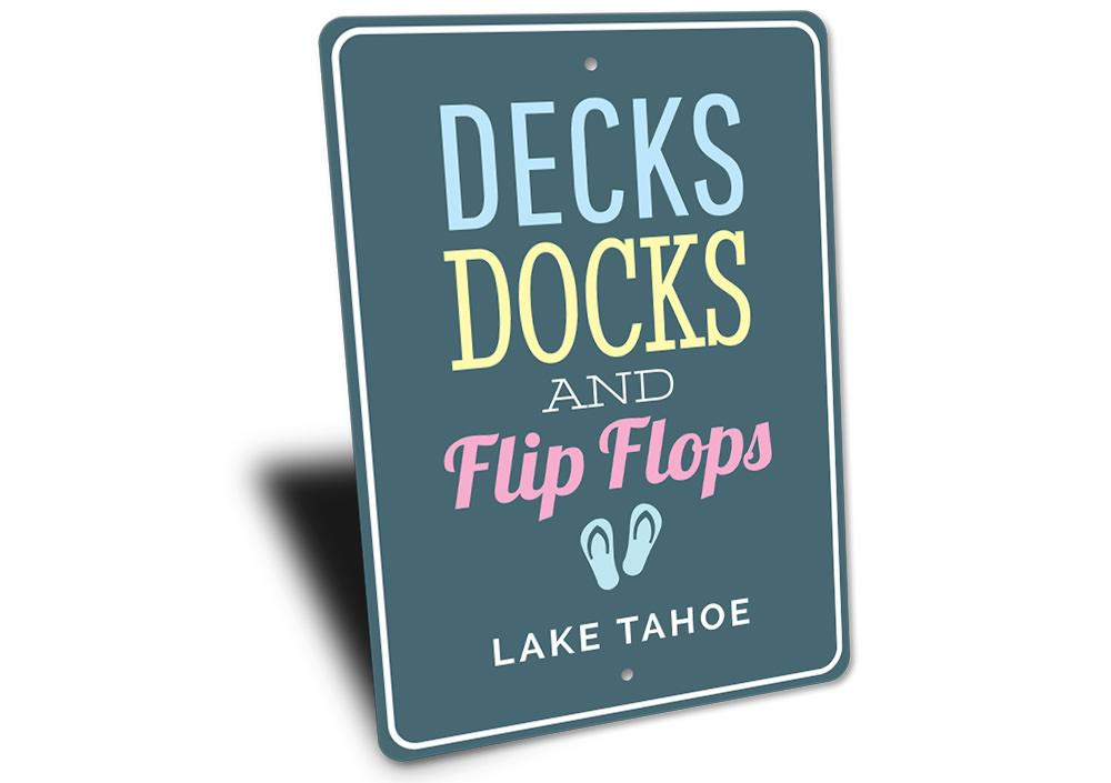 Decorative Decks Docks and Flip Flops Sign made of aluminum, showcasing a vibrant design perfect for lakehouse decor.