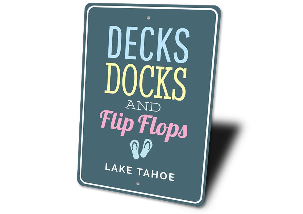 Decorative Decks Docks and Flip Flops Sign made of aluminum, showcasing a vibrant design perfect for lakehouse decor.