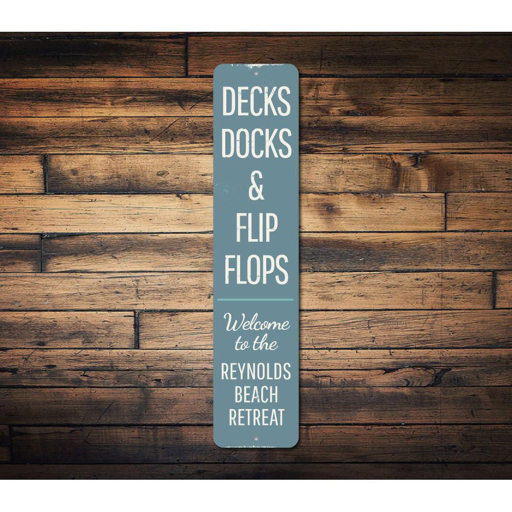 Decks Docks & Flip Flops Vertical Sign made of aluminum, featuring a vibrant design perfect for home decor.