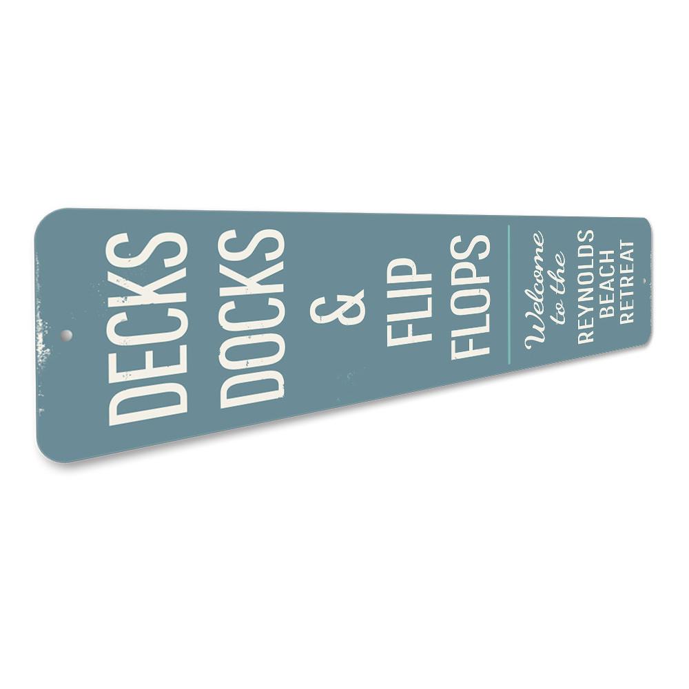 Decks Docks & Flip Flops Vertical Sign made of aluminum, featuring a vibrant design perfect for home decor.