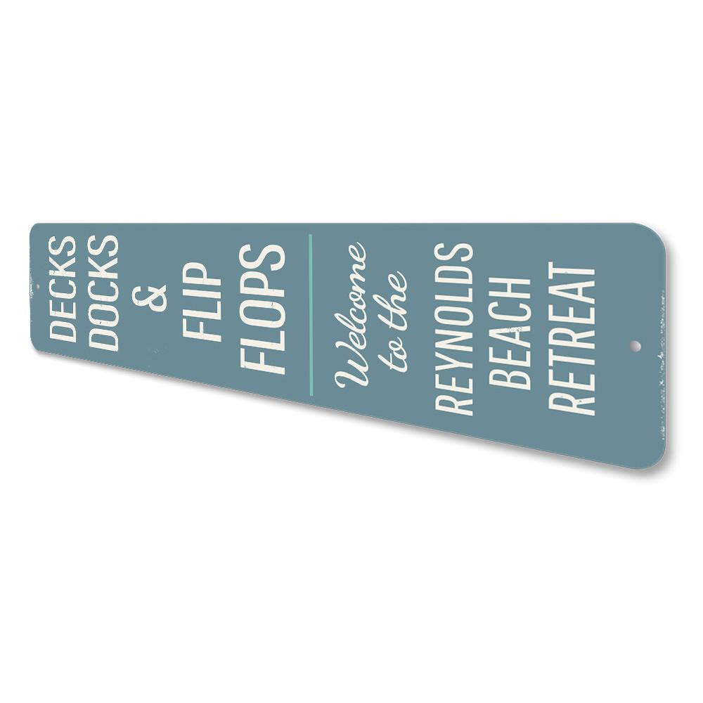 Decks Docks & Flip Flops Vertical Sign made of aluminum, featuring a vibrant design perfect for home decor.