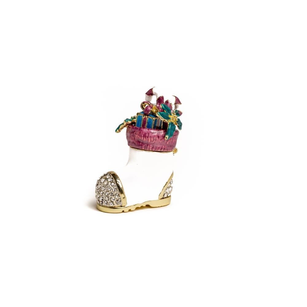 Handcrafted Decorated Christmas Shoe trinket box with Austrian crystals and 24K gold plating, elegantly designed for holiday decor.