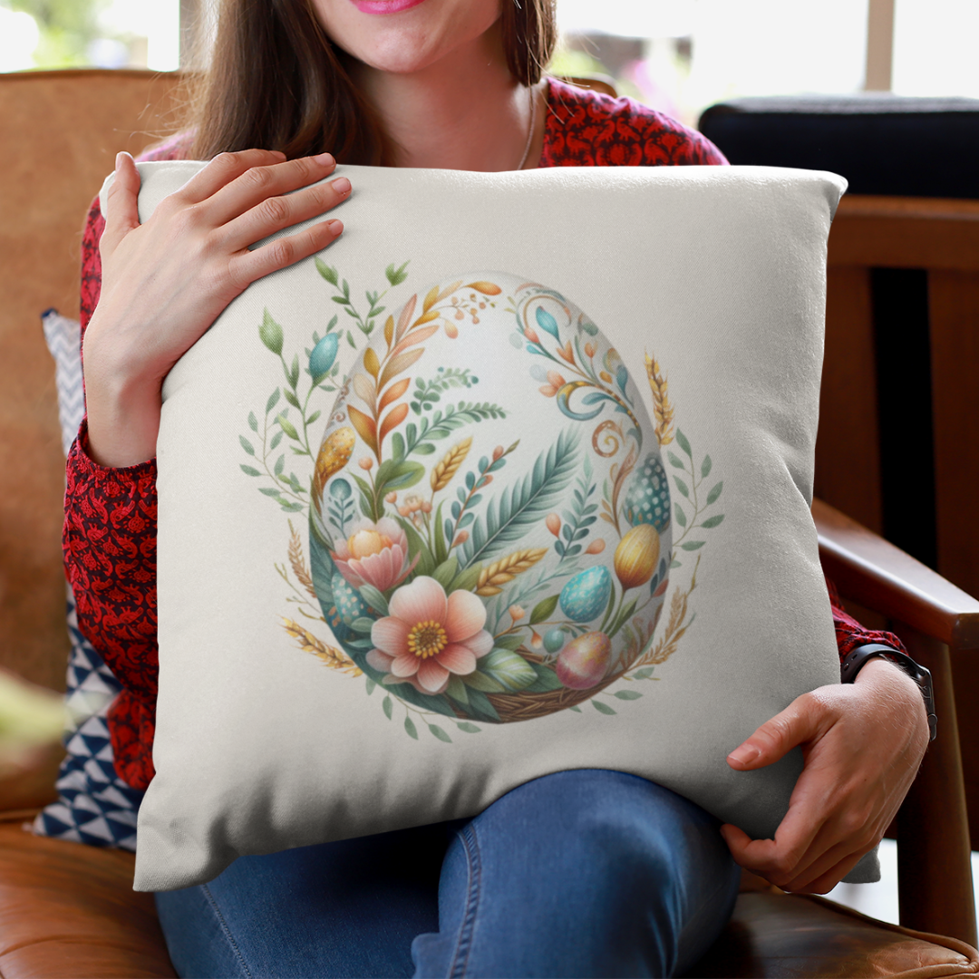 Decorated Egg Pillow Cover featuring original Spring designs in soft linen material, with a hidden zipper and available in beige and white.