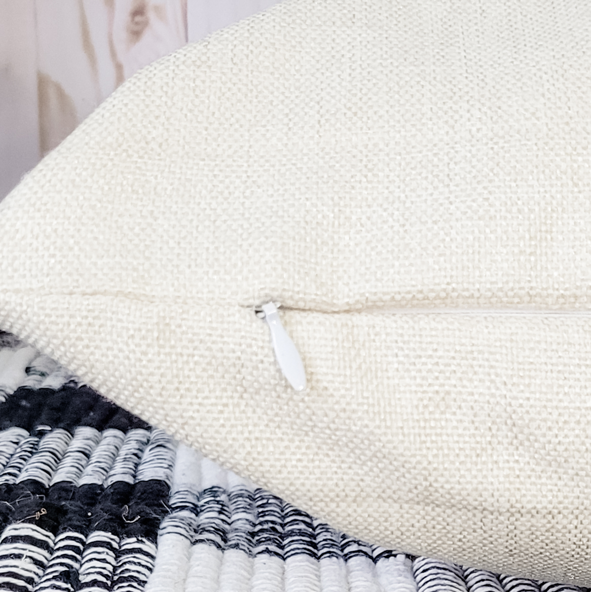 Decorated Egg Pillow Cover featuring original Spring designs in soft linen material, with a hidden zipper and available in beige and white.