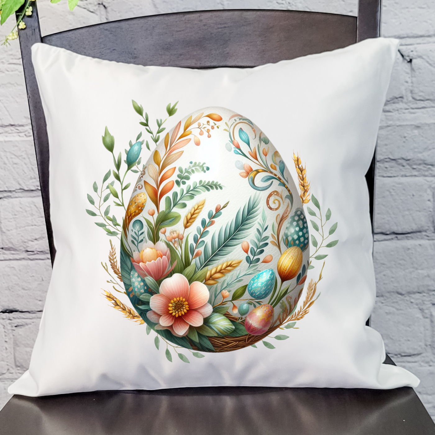 Decorated Egg Pillow Cover featuring original Spring designs in soft linen material, with a hidden zipper and available in beige and white.