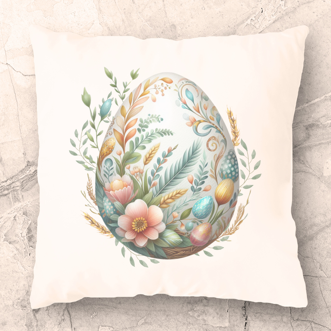 Decorated Egg Pillow Cover featuring original Spring designs in soft linen material, with a hidden zipper and available in beige and white.