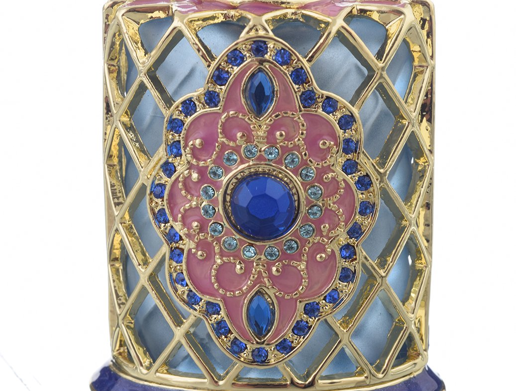 A beautifully decorated perfume bottle with enamel painting and Austrian crystals, showcasing intricate craftsmanship and luxurious gold plating.