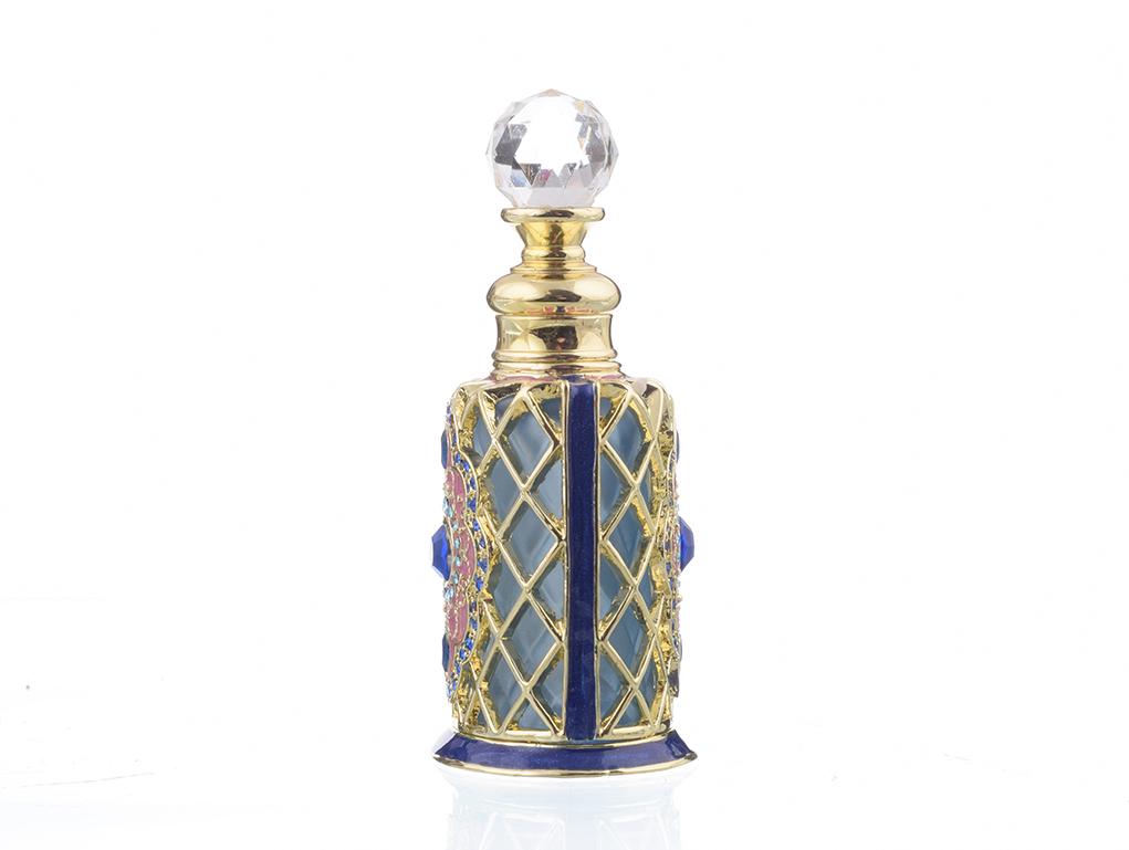 A beautifully decorated perfume bottle with enamel painting and Austrian crystals, showcasing intricate craftsmanship and luxurious gold plating.