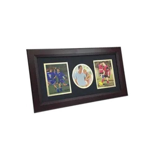 Decorative 8-Inch by 16-Inch Collage 3-Picture Frame with two vertical and one circular photo openings, crafted from solid mahogany wood.