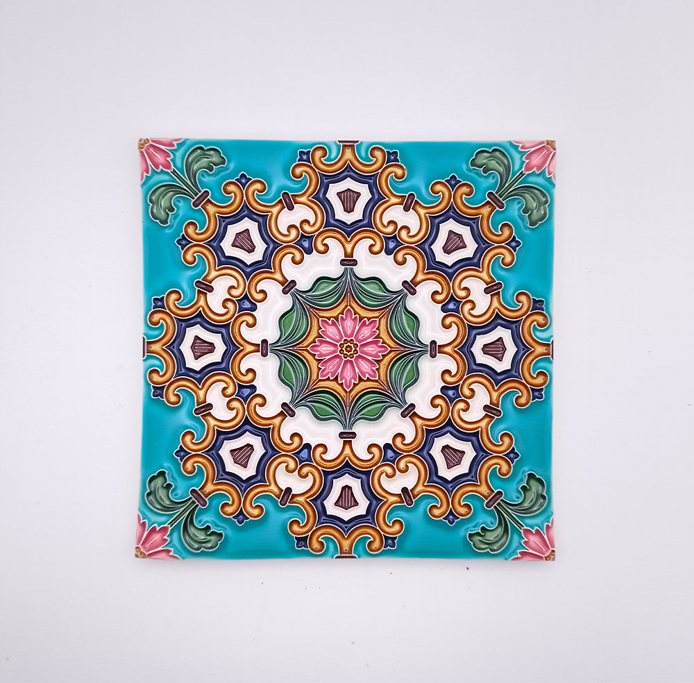 A collection of beautifully hand-crafted decorative ceiling tiles featuring intricate designs and vibrant colors, ideal for home decor.