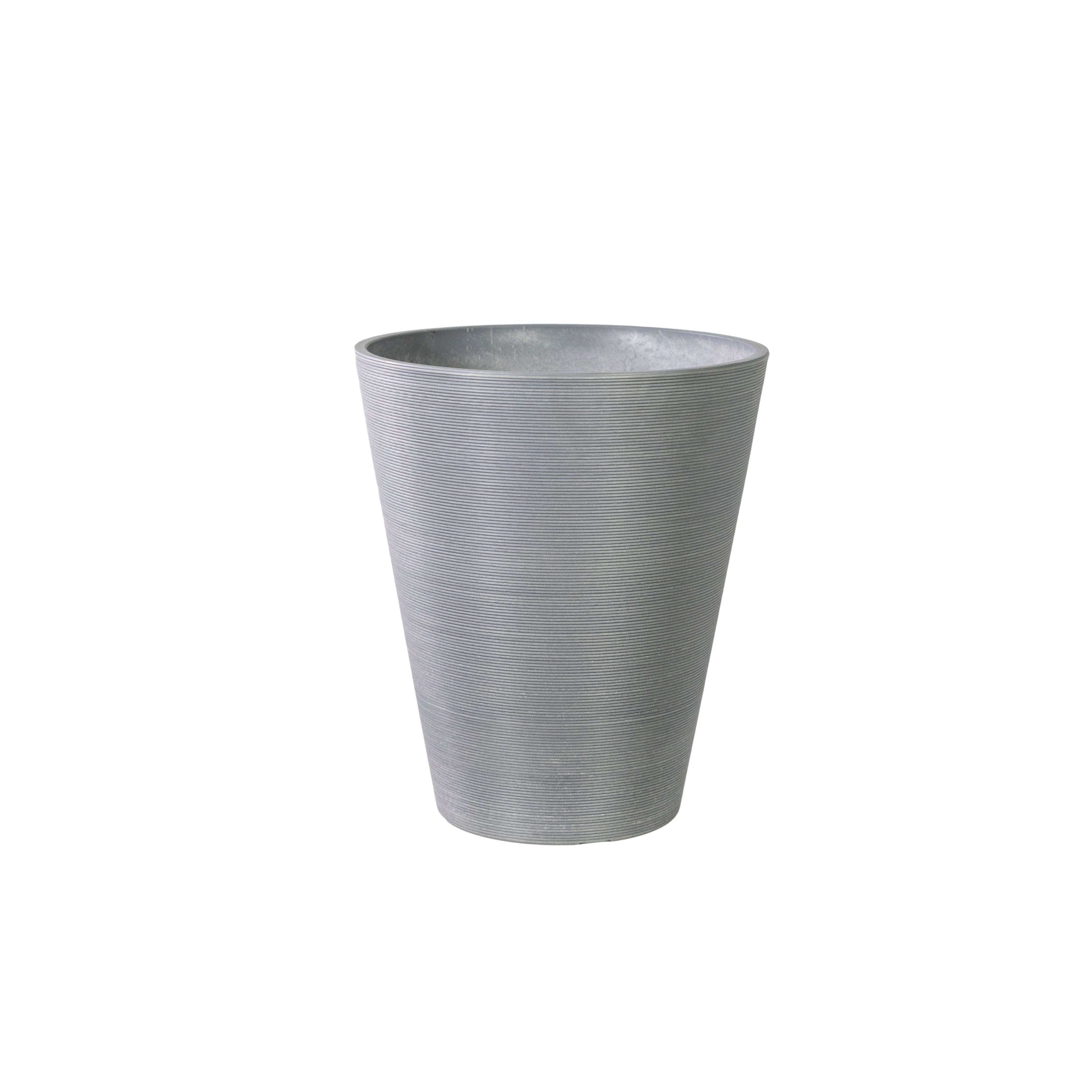 A decorative textured round grey planter, 47cm tall, made from recycled materials, featuring a stylish lined surface and drainage hole.